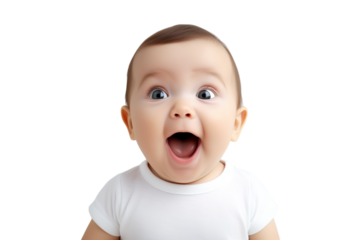 Portrait of a baby is Surprised and excited, opening eyes and mouth isolated PNG object