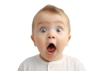 Portrait of a baby is Surprised and excited, opening eyes and mouth isolated PNG object