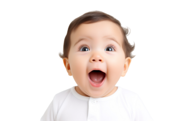 Portrait of a baby is Surprised and excited, opening eyes and mouth isolated PNG object