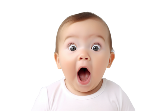 Portrait of a baby is Surprised and excited, opening eyes and mouth isolated PNG object