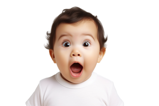 Portrait of a baby is Surprised and excited, opening eyes and mouth isolated PNG object