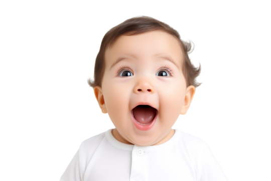 Portrait of a baby is Surprised and excited, opening eyes and mouth isolated PNG object