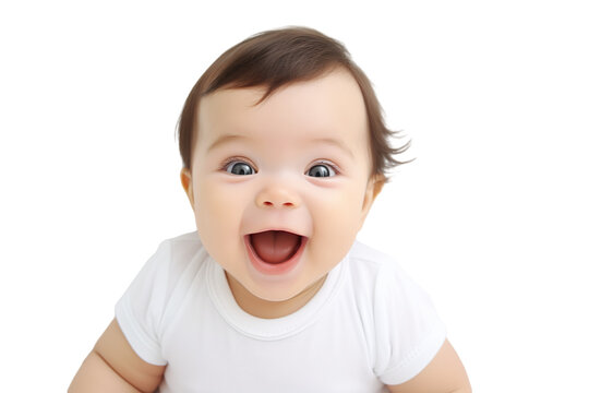 Portrait of a baby is Surprised and excited, opening eyes and mouth isolated PNG object