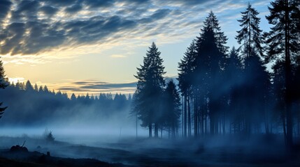 Fototapeta premium Morning fog at dawn through trees