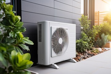 Air source heat pump installed in residential building photo-realistic compositions - obrazy, fototapety, plakaty