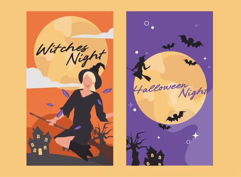 halloween witch flying broom social media story in flat illustration
