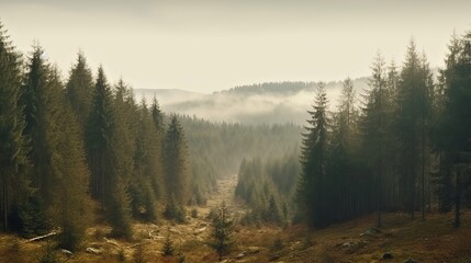 Morning fog at dawn through trees