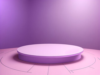 Round purple podium on pink table with purple wall background and spotlight for product display. AI
