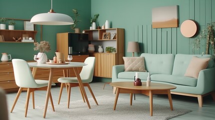 Mint color chairs at round wooden dining table in room with sofa and cabinet near green wall