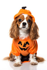 Cavalier King Charles Spaniel dressed up halloween pumpkin costume.