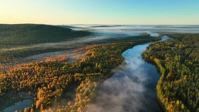 Aerial view rotating over a river and vibrant peak foliage nature, in misty Lapland