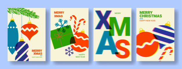 Set of Happy New Year retro posters. Vector illustration with templates of modern minimalist New Year flyers in risograph style. Set of greeting cards, posters and covers for branding of Christmas.