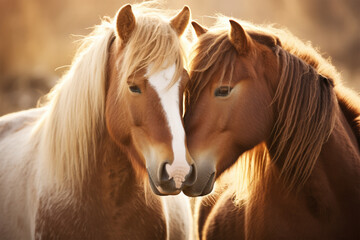 a pair of horses are kissing