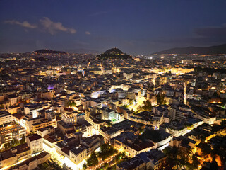 Fototapeta na wymiar Aerial view of Lycabettus Hill in Athens, Greece at night