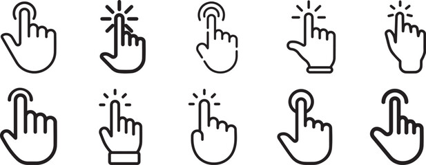 Pointer click icon. Clicking cursor, pointing hand clicks, and waiting loading icons. Website arrows or hand cursors tools, computer interface button. Vector  set