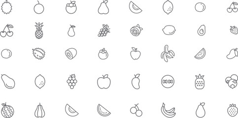  Thin line vector icon set. Pixel perfect. Editable stroke. For Mobile and Web. The set contains icons: Fruit, Vegetable, Carrot, Food, Tomato, Banana, Apple. vector