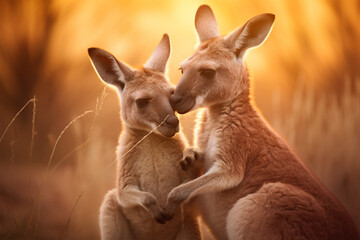 a pair of kangaroos kissing