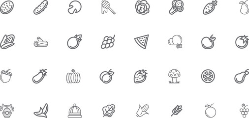  Thin line vector icon set. Pixel perfect. Editable stroke. For Mobile and Web. The set contains icons: Fruit, Vegetable, Carrot, Food, Tomato, Banana, Apple. vector