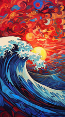 Sunset Wave: A Majestic Display of Nature's Beauty,background with waves,Japanese Sea Wave Ukiyo-e Traditional Illustration