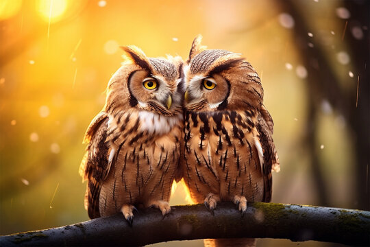 a pair of owls are kissing