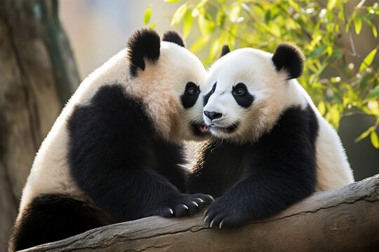 A pair of pandas are kissing
