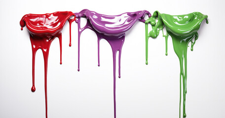two colorful paints and paint drops falling as liquid onto white background