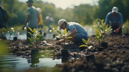 Group of volunteers planting mangrove forests, earth day and save the world.