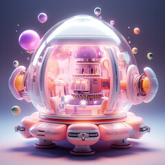 Pink Spaceship on a Rocky Planet with Floating Balloons,spaceship in space,spaceship
