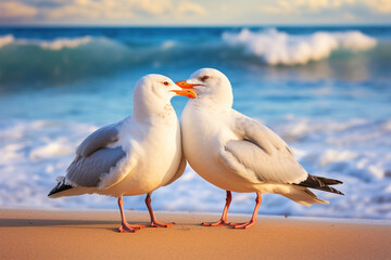 a pair of seagulls are kissing