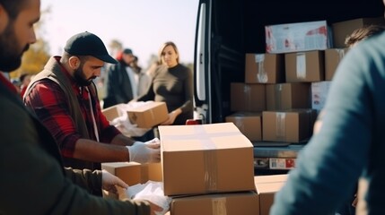 Team of volunteers working in charity donation center to the victims, humanitarian concept.