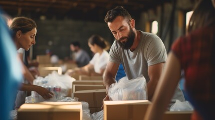 Team of volunteers working in charity donation center to the victims, humanitarian concept.