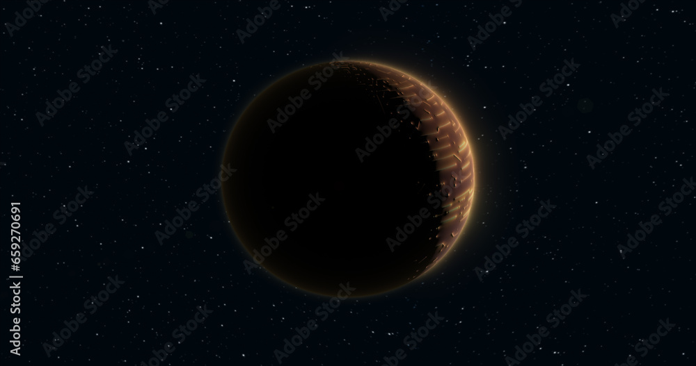 Poster abstract realistic space planet round sphere with a stone relief surface in space against the backgr