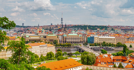 Fototapeta na wymiar Panoramic bird view over beautiful old town in Prague, Czech Republic, with blue sky and sunny day