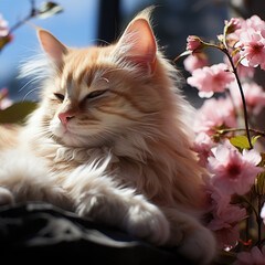 Serene Orange Cat Amidst Blooming Pink Flowers,Sleepy cat, spring flowers and kittens