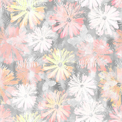 Fototapeta na wymiar Seamless delicate floral pattern in pastel colors. Yellow, white, coral flowers on a light gray background.