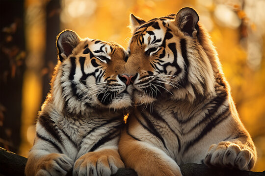 a pair of tigers are kissing