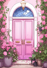 Fototapeta na wymiar Enchanted Entry: A Pink Door Amidst a Floral Wonderland,pink door with flowers,door in the garden