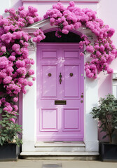 Enchanted Entry: A Pink Door Amidst a Floral Wonderland,pink door with flowers,door in the garden