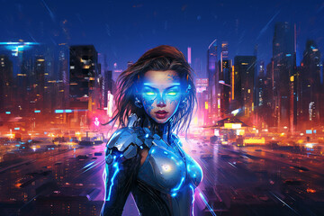 Painted portrait of beautiful cyborg woman with glowing eyes, cyberpunk styled city