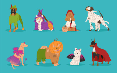 Cute dogs in different Halloween costume. Witch, mummy, vampire, bat, fairy, little girl and scarecrow. Happy Halloween vector illustration. Ideal for holiday cards, decorations, invitations and