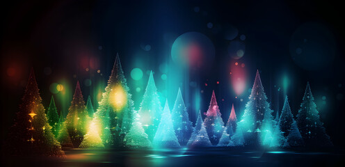 Abstract shiny Christmas and new year party Background. Shimmering Christmas tree and laser lights on dark blue background.  - obrazy, fototapety, plakaty