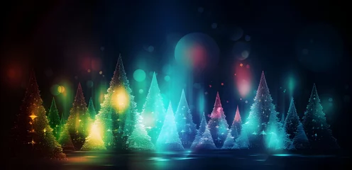 Fotobehang Abstract shiny Christmas and new year party Background. Shimmering Christmas tree and laser lights on dark blue background.  © Naige