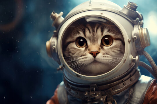 Adorable cat dons astronaut spacesuit, ready for cosmic adventure. A humorous twist on exploration. AI Generative wonder meets feline cosmonautics.
