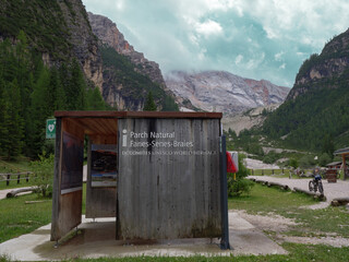 Wooden Cottage as a Tourist Information Point of the Natural Park of Fanes-Senes-Braies in the italian Alps Mountains - Italy