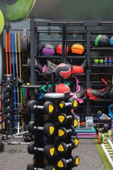 Group of Black Dumbbells and other Fitness Equipment Arranged Orderly in Gym