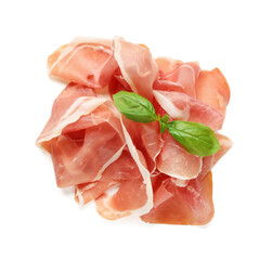 Slices of tasty prosciutto with basil on white background