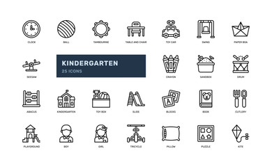 kid children play boy and girl kindergarten school activity playground detailed outline line icon set