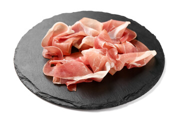 Board with slices of tasty prosciutto on white background
