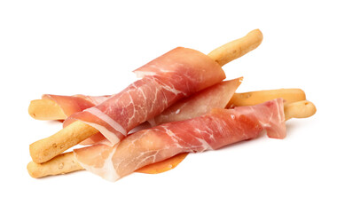 Tasty Italian Grissini with prosciutto on white background