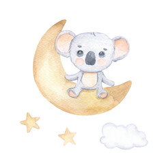 Cute koala on crescent moon, cloud and stars. Funny childish illustration for clothes, fabric, nursery, banner. Hand drawn baby koala isolated on white